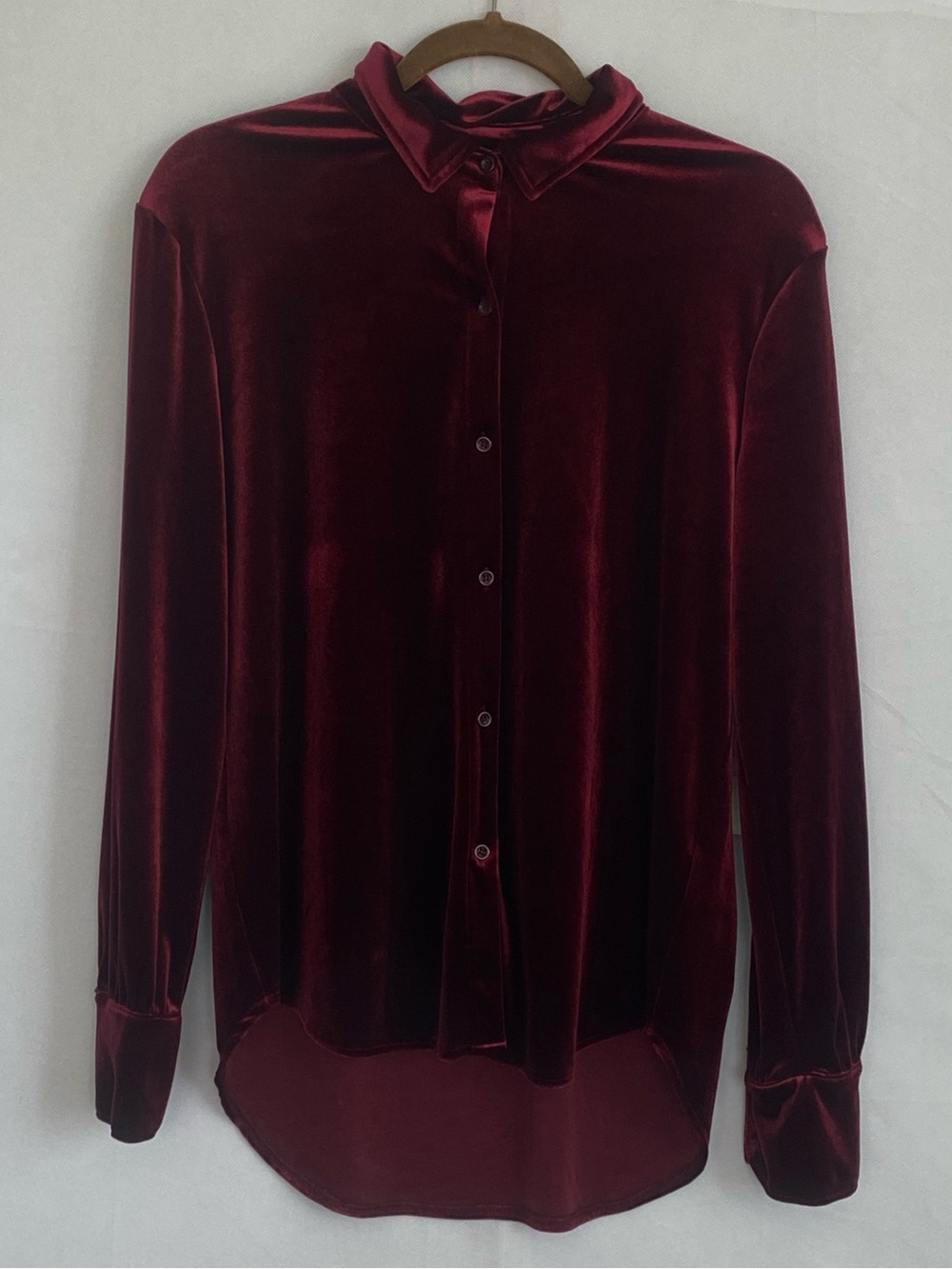 Title: NWT Tribal Jeans Dark Fig Velvet Button Down High-Low Blouse P/S